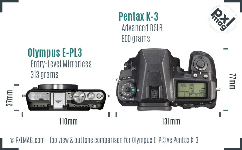 Olympus E-PL3 vs Pentax K-3 top view buttons comparison