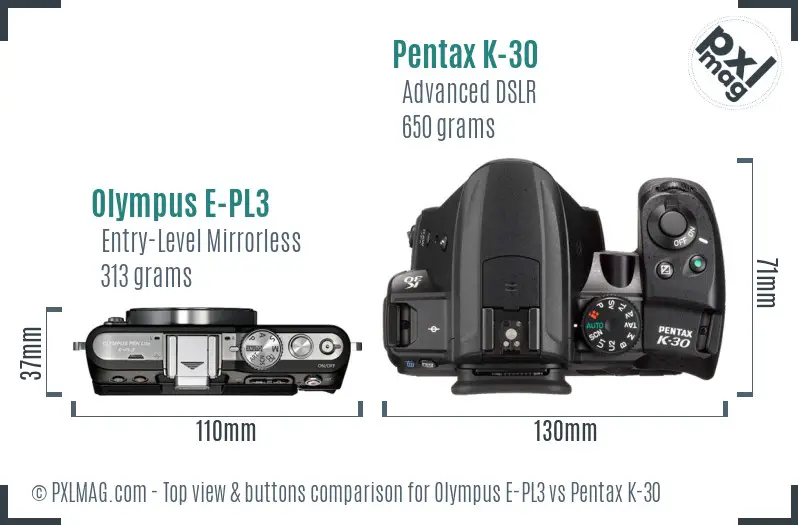 Olympus E-PL3 vs Pentax K-30 top view buttons comparison