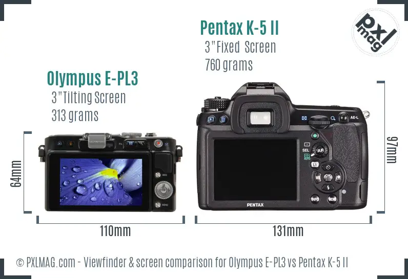 Olympus E-PL3 vs Pentax K-5 II Screen and Viewfinder comparison