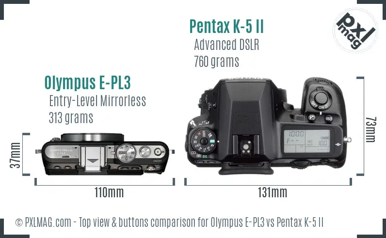 Olympus E-PL3 vs Pentax K-5 II top view buttons comparison