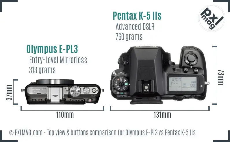 Olympus E-PL3 vs Pentax K-5 IIs top view buttons comparison