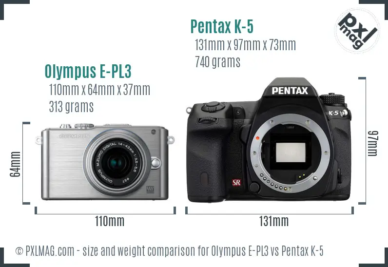 Olympus E-PL3 vs Pentax K-5 size comparison