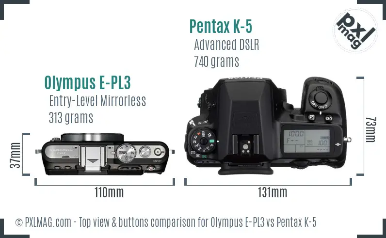 Olympus E-PL3 vs Pentax K-5 top view buttons comparison