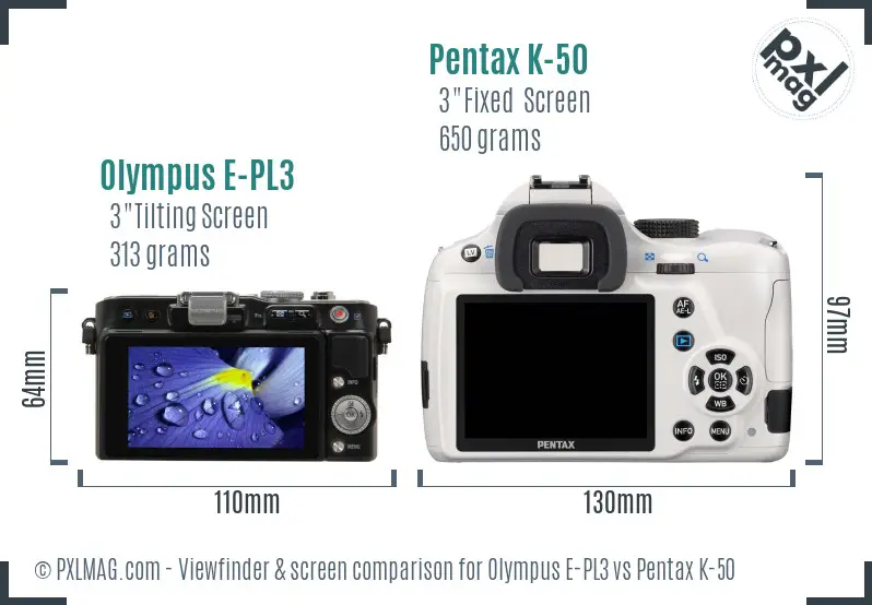 Olympus E-PL3 vs Pentax K-50 Screen and Viewfinder comparison