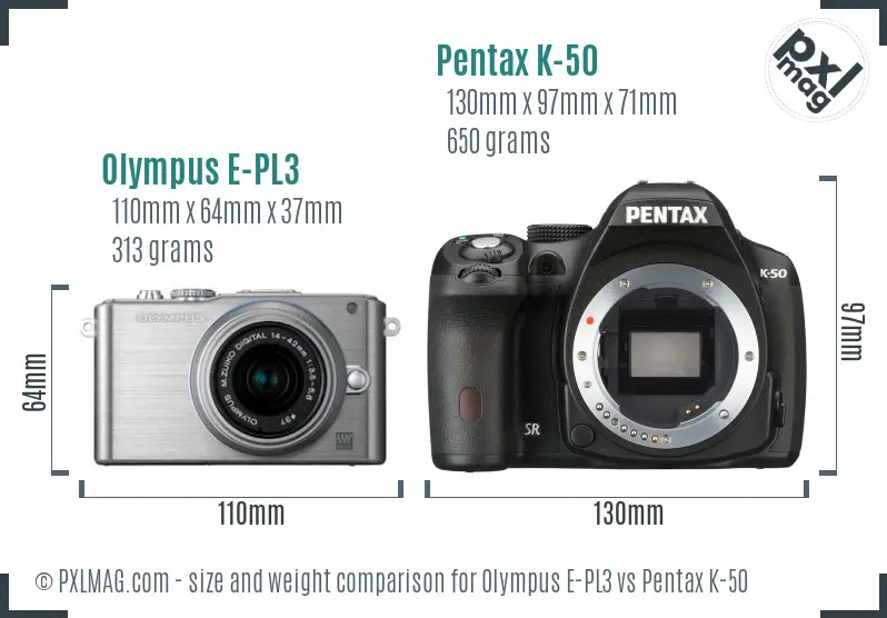 Olympus E-PL3 vs Pentax K-50 size comparison