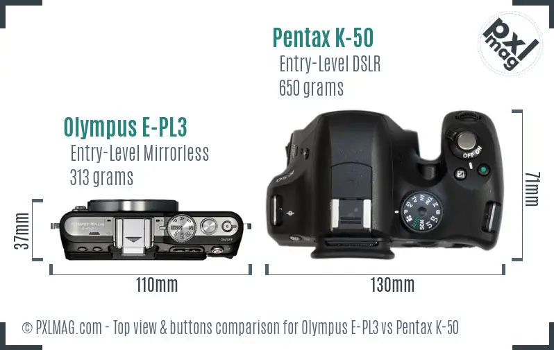 Olympus E-PL3 vs Pentax K-50 top view buttons comparison