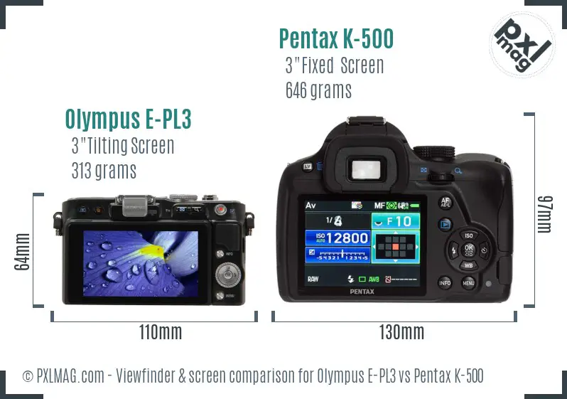 Olympus E-PL3 vs Pentax K-500 Screen and Viewfinder comparison