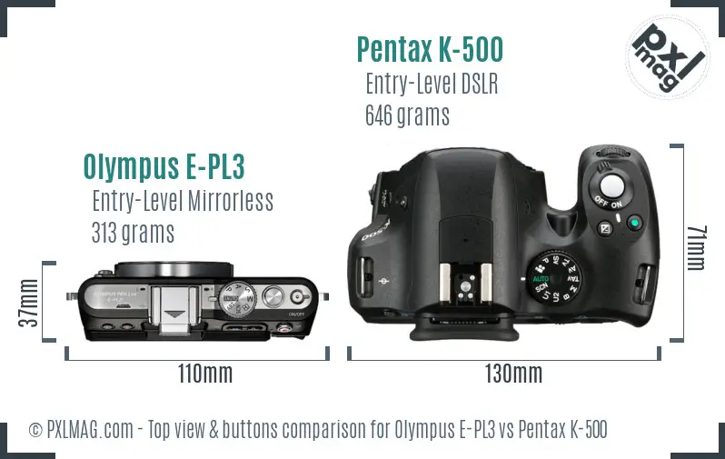 Olympus E-PL3 vs Pentax K-500 top view buttons comparison