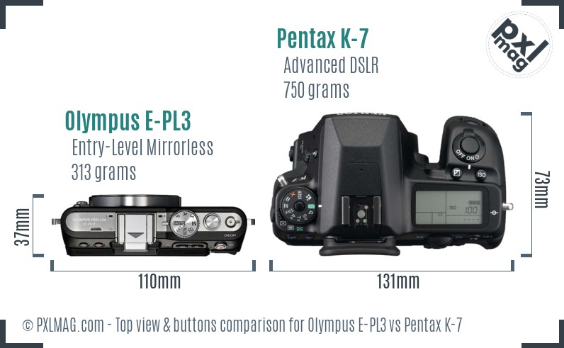 Olympus E-PL3 vs Pentax K-7 top view buttons comparison