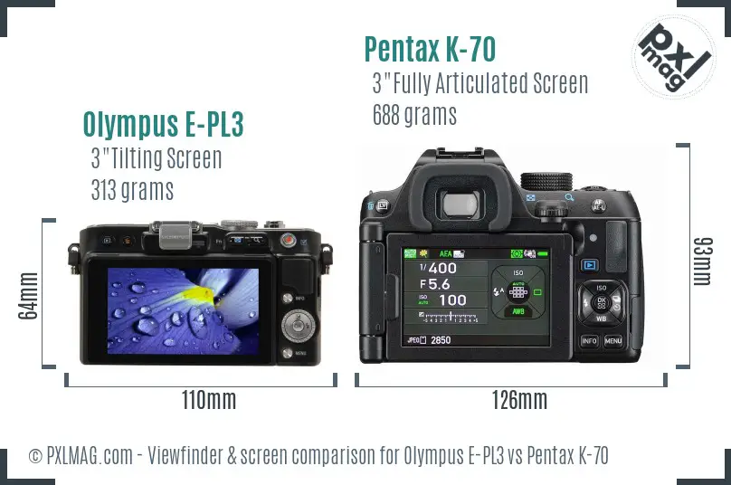 Olympus E-PL3 vs Pentax K-70 Screen and Viewfinder comparison