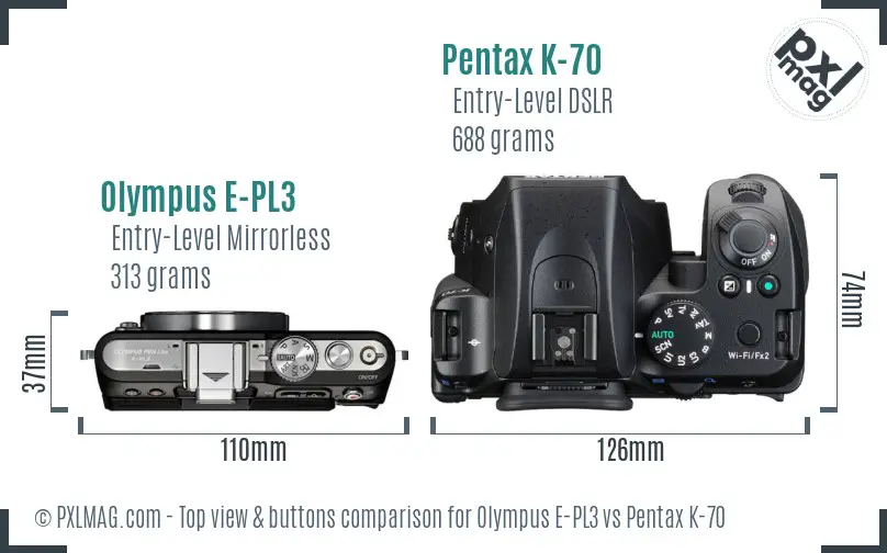 Olympus E-PL3 vs Pentax K-70 top view buttons comparison