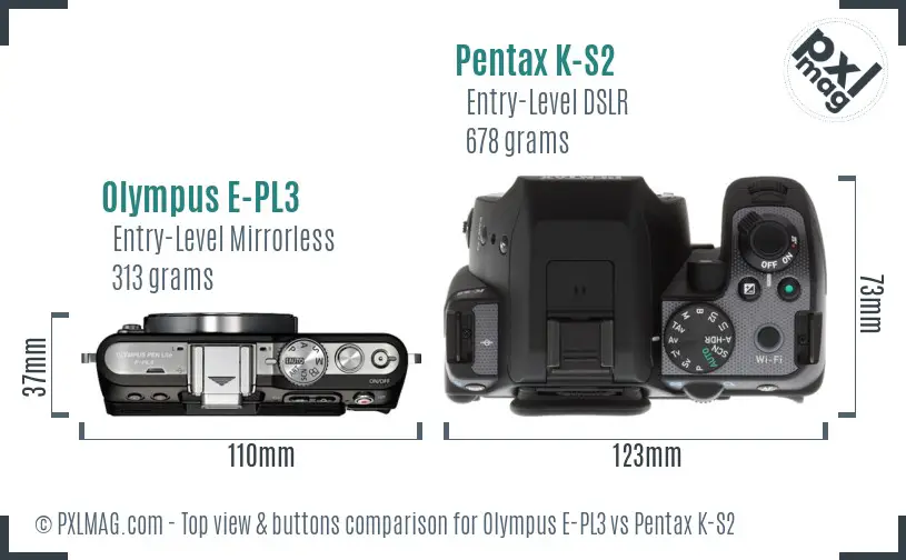 Olympus E-PL3 vs Pentax K-S2 top view buttons comparison