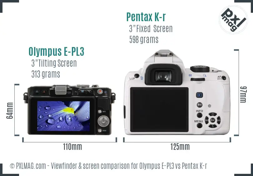 Olympus E-PL3 vs Pentax K-r Screen and Viewfinder comparison