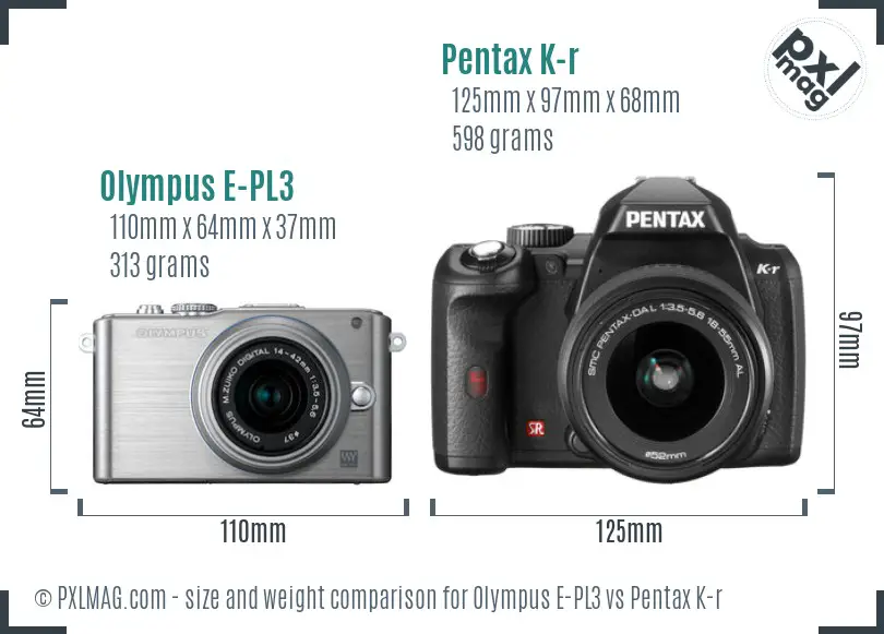 Olympus E-PL3 vs Pentax K-r size comparison