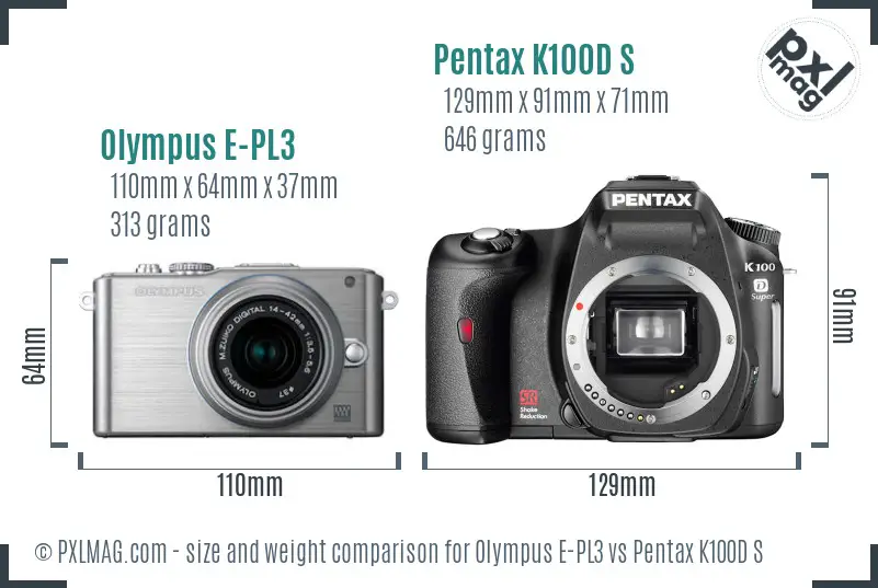 Olympus E-PL3 vs Pentax K100D S size comparison