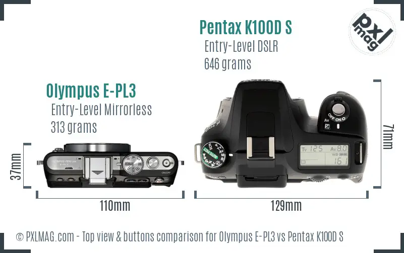 Olympus E-PL3 vs Pentax K100D S top view buttons comparison