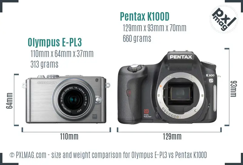 Olympus E-PL3 vs Pentax K100D size comparison