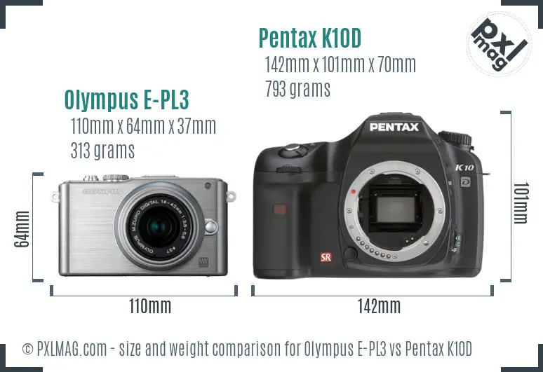Olympus E-PL3 vs Pentax K10D size comparison
