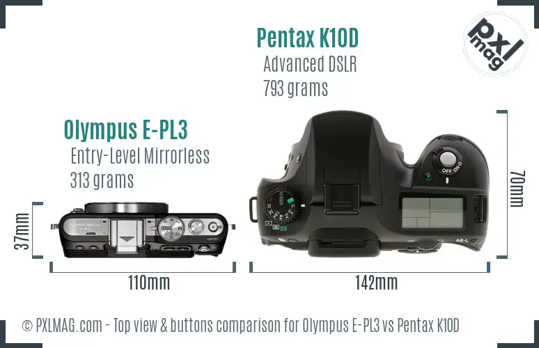 Olympus E-PL3 vs Pentax K10D top view buttons comparison