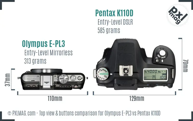 Olympus E-PL3 vs Pentax K110D top view buttons comparison