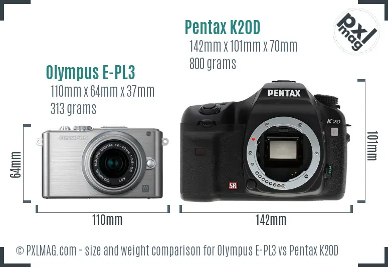 Olympus E-PL3 vs Pentax K20D size comparison