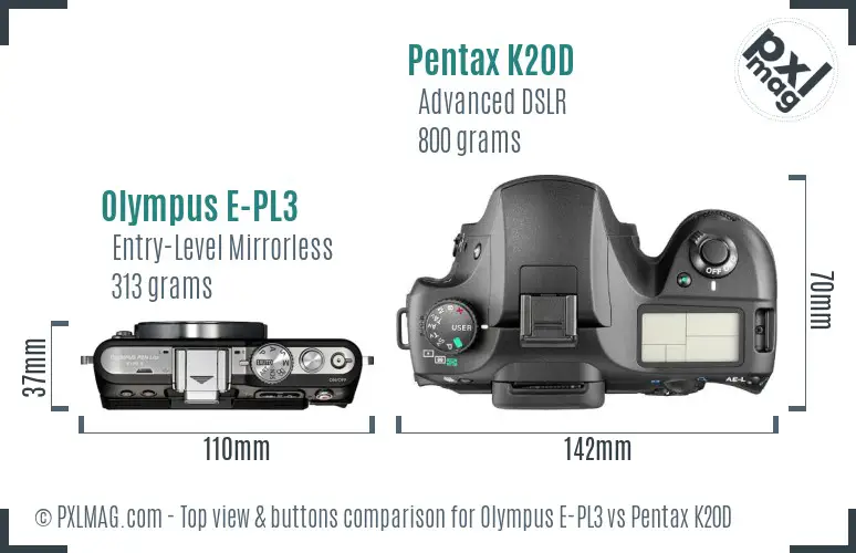 Olympus E-PL3 vs Pentax K20D top view buttons comparison