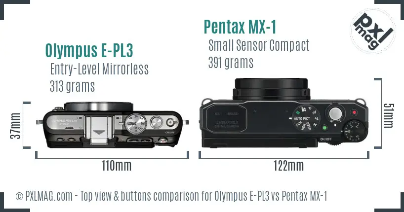 Olympus E-PL3 vs Pentax MX-1 top view buttons comparison
