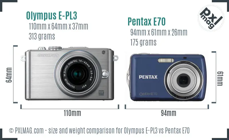 Olympus E-PL3 vs Pentax E70 size comparison
