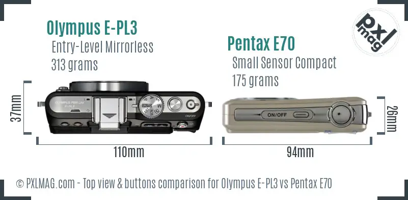 Olympus E-PL3 vs Pentax E70 top view buttons comparison