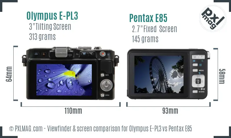 Olympus E-PL3 vs Pentax E85 Screen and Viewfinder comparison