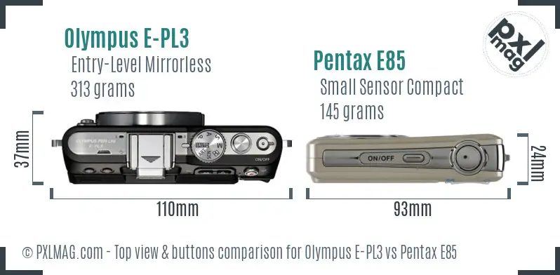 Olympus E-PL3 vs Pentax E85 top view buttons comparison