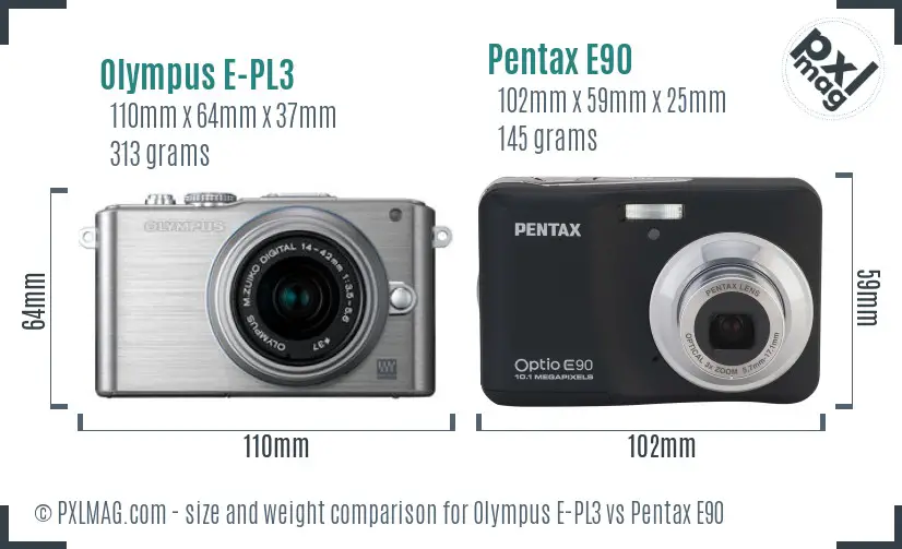 Olympus E-PL3 vs Pentax E90 size comparison