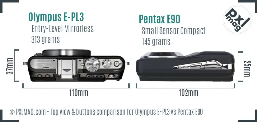 Olympus E-PL3 vs Pentax E90 top view buttons comparison