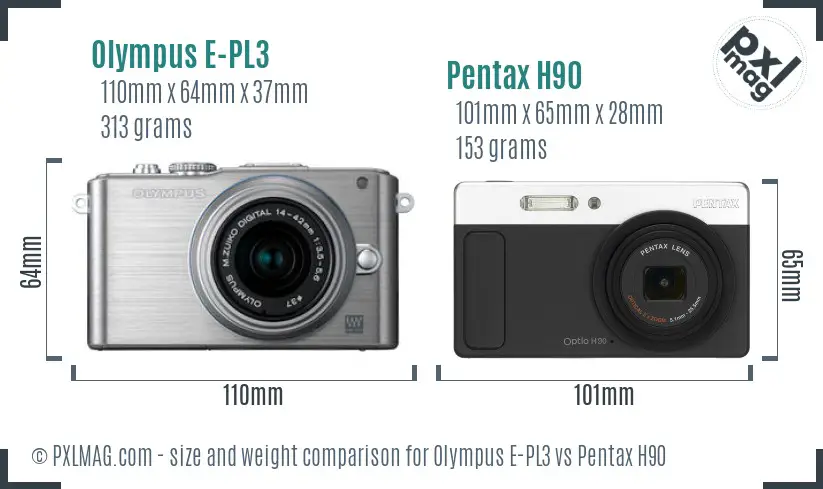Olympus E-PL3 vs Pentax H90 size comparison