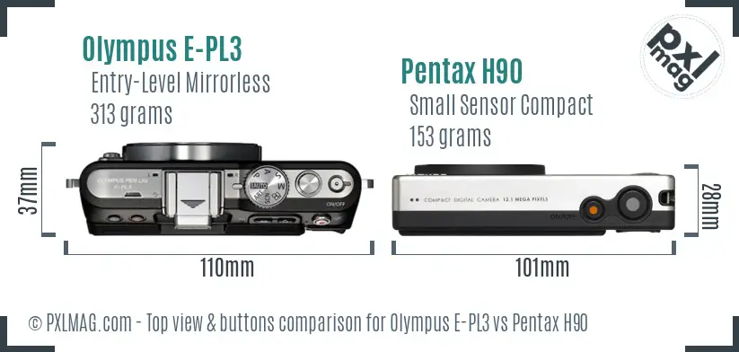 Olympus E-PL3 vs Pentax H90 top view buttons comparison