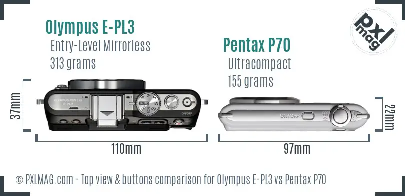 Olympus E-PL3 vs Pentax P70 top view buttons comparison