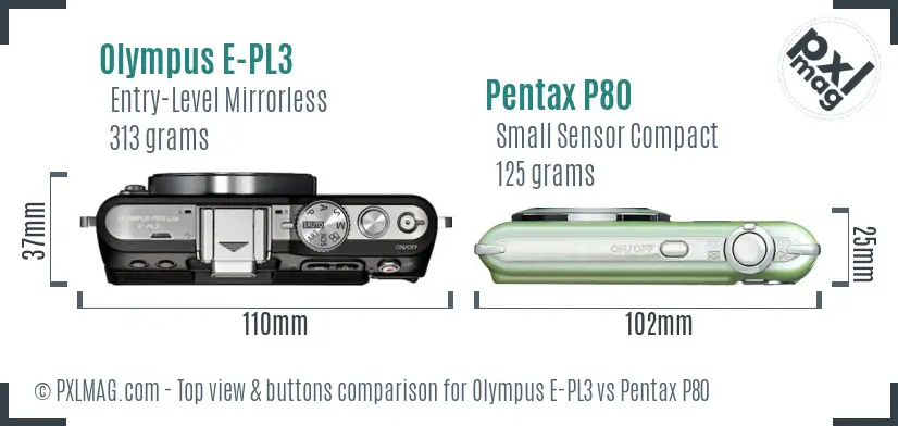 Olympus E-PL3 vs Pentax P80 top view buttons comparison