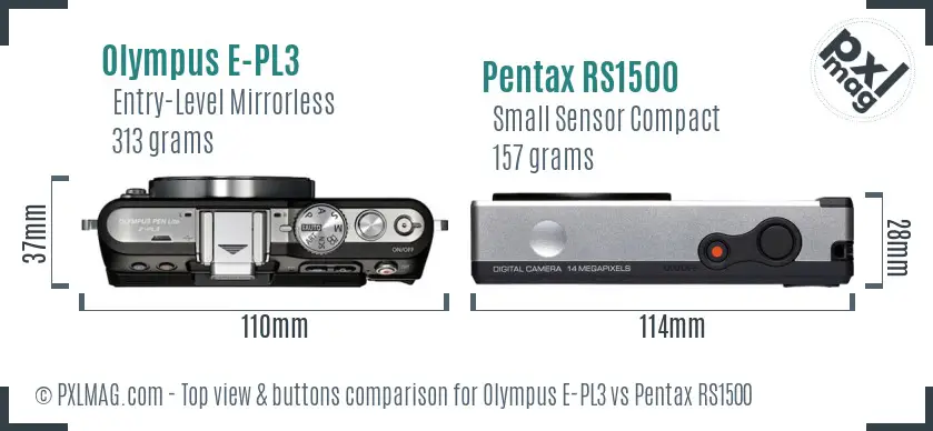 Olympus E-PL3 vs Pentax RS1500 top view buttons comparison