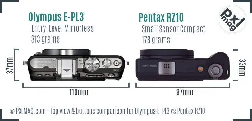 Olympus E-PL3 vs Pentax RZ10 top view buttons comparison