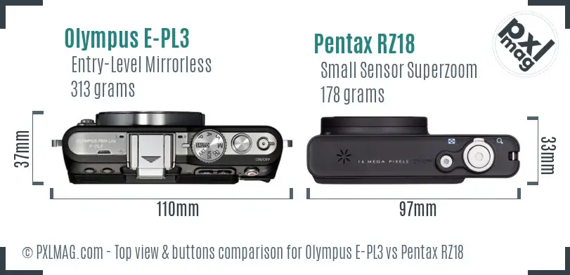 Olympus E-PL3 vs Pentax RZ18 top view buttons comparison