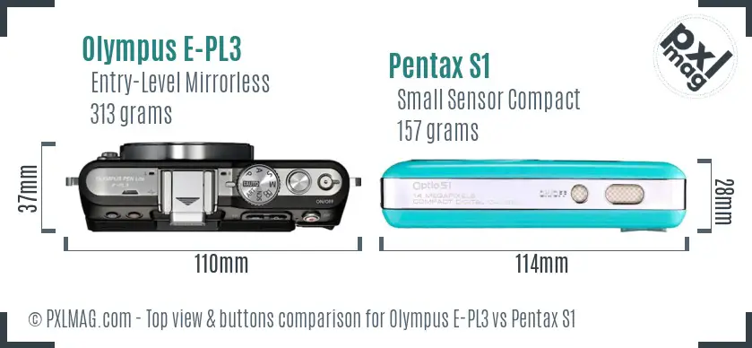 Olympus E-PL3 vs Pentax S1 top view buttons comparison
