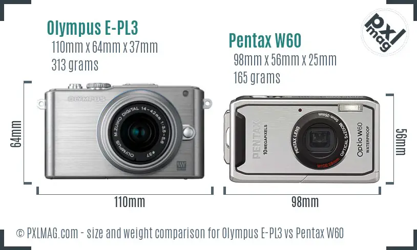 Olympus E-PL3 vs Pentax W60 size comparison