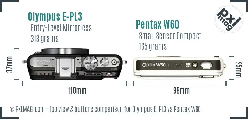 Olympus E-PL3 vs Pentax W60 top view buttons comparison