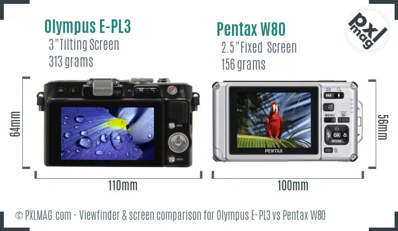 Olympus E-PL3 vs Pentax W80 Screen and Viewfinder comparison