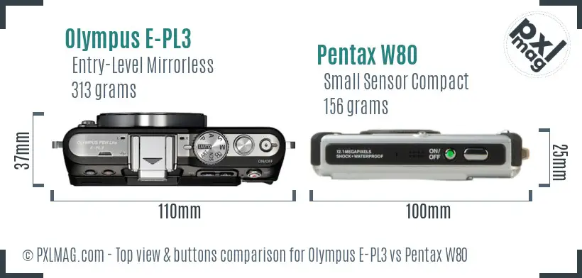 Olympus E-PL3 vs Pentax W80 top view buttons comparison