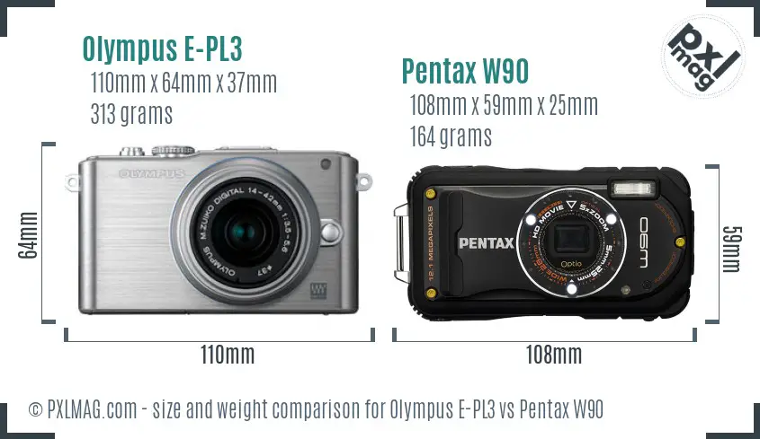 Olympus E-PL3 vs Pentax W90 size comparison
