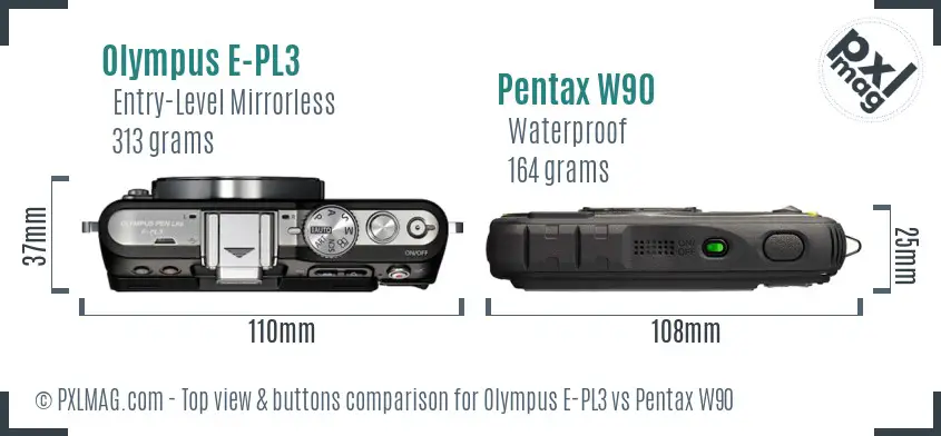 Olympus E-PL3 vs Pentax W90 top view buttons comparison
