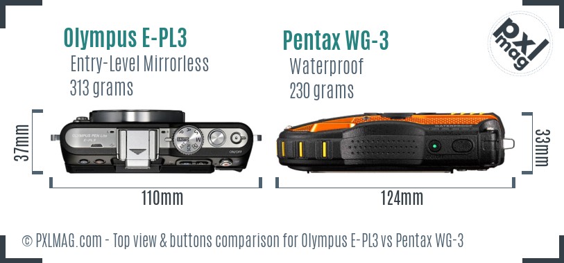 Olympus E-PL3 vs Pentax WG-3 top view buttons comparison