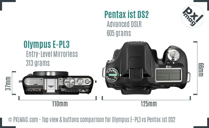 Olympus E-PL3 vs Pentax ist DS2 top view buttons comparison