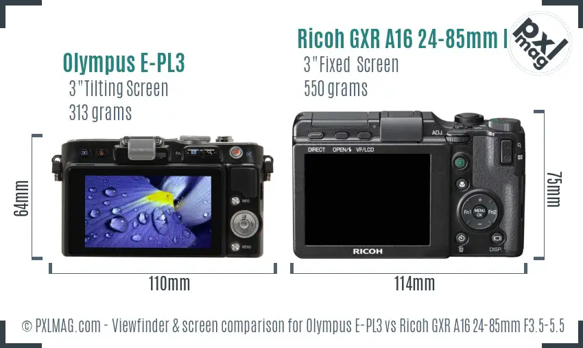 Olympus E-PL3 vs Ricoh GXR A16 24-85mm F3.5-5.5 Screen and Viewfinder comparison